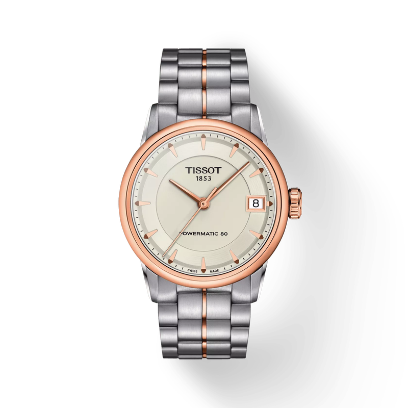 Front view of the watch Tissot Luxury Powermatic 80 Lady with shadow
