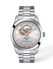 Front view of the watch Tissot Gentleman Open Heart 40mm with shadow