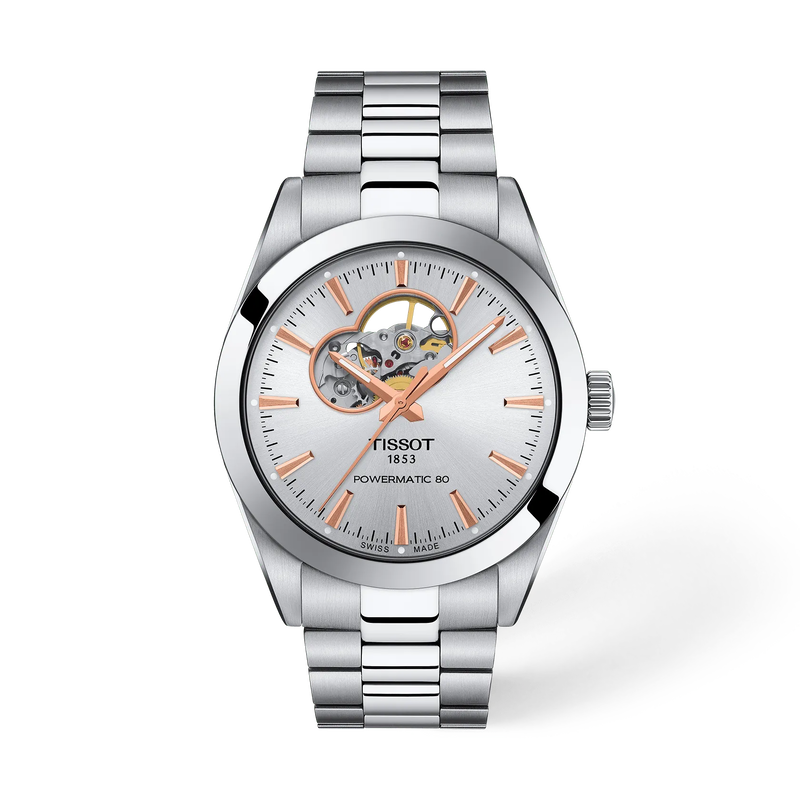 Front view of the watch Tissot Gentleman Open Heart 40mm with shadow