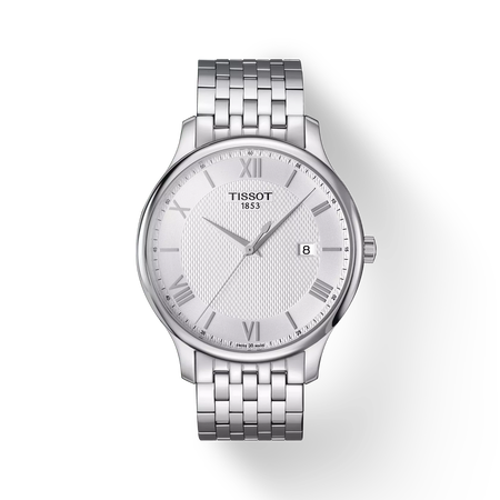 Front view of the watch Tissot Tradition 42mm with shadow