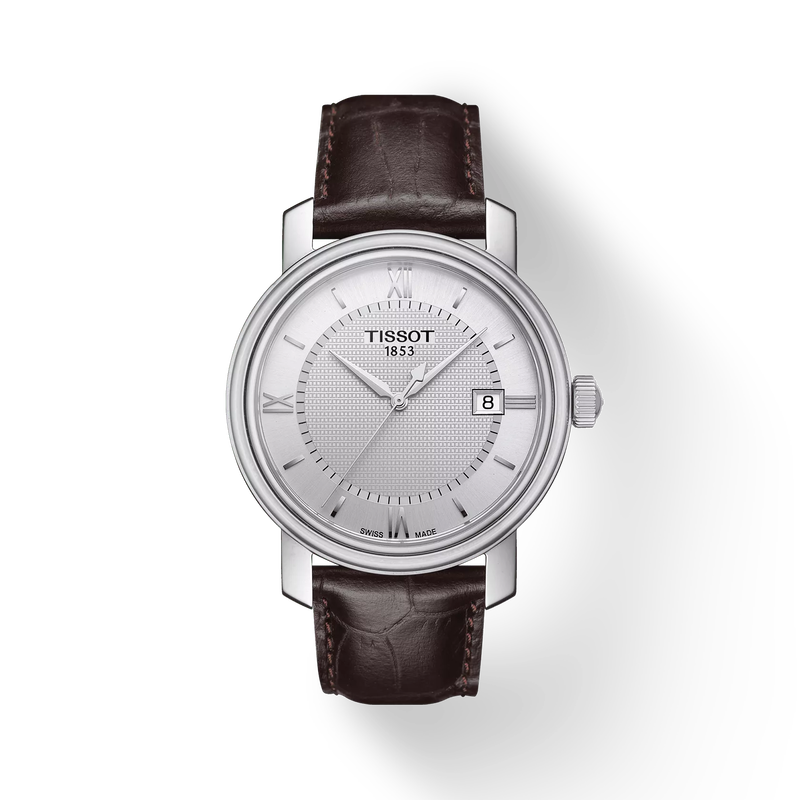 Front view of the watch Tissot Bridgeport with shadow