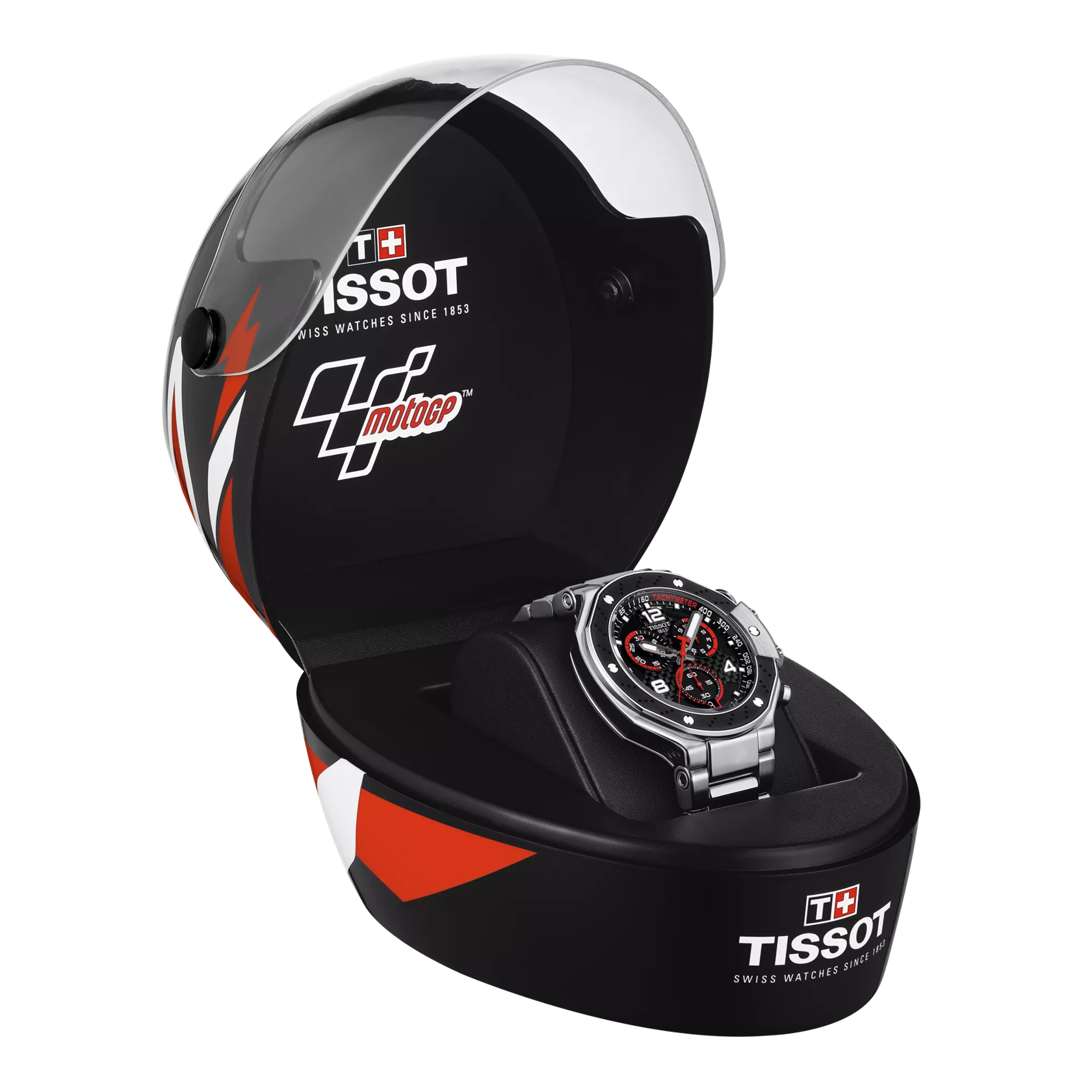 Front view of the watch Tissot T-Race MotoGP Chronograph 2022 Limited Edition with opened