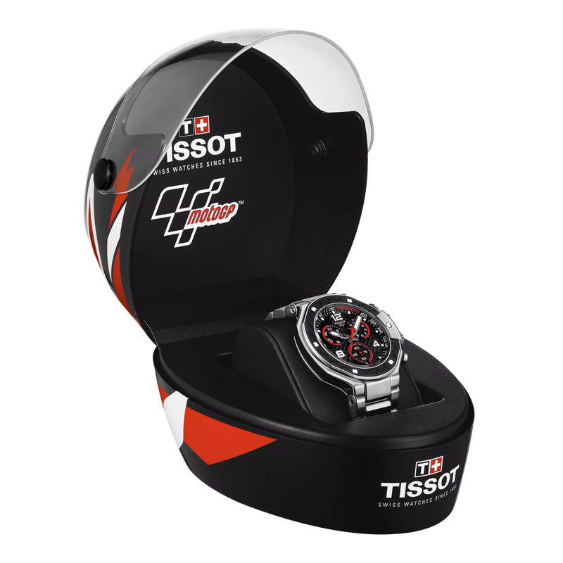 Front view of the watch Tissot T-Race MotoGP Chronograph 2022 Limited Edition with opened