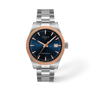 Front view of the watch Tissot Gentleman Gold Bezel 38mm with shadow