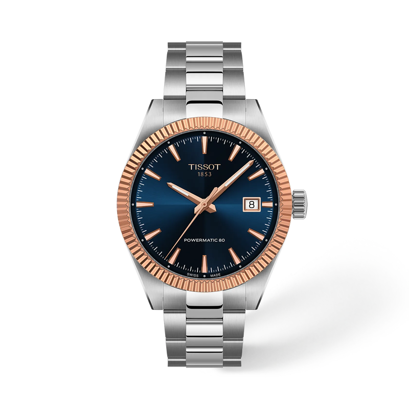Front view of the watch Tissot Gentleman Gold Bezel 38mm with shadow