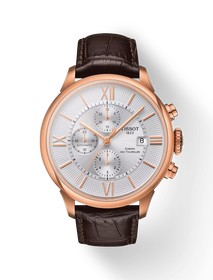 มุมมองด้านหน้าของนาฬิกา Tissot Chemin des Tourelles Automatic Chronograph พร้อมเงา