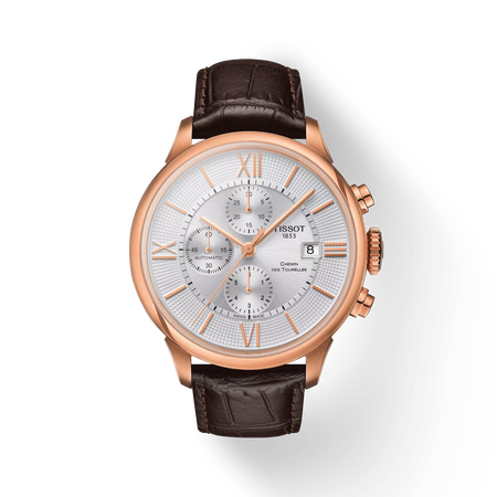 มุมมองด้านหน้าของนาฬิกา Tissot Chemin des Tourelles Automatic Chronograph พร้อมเงา
