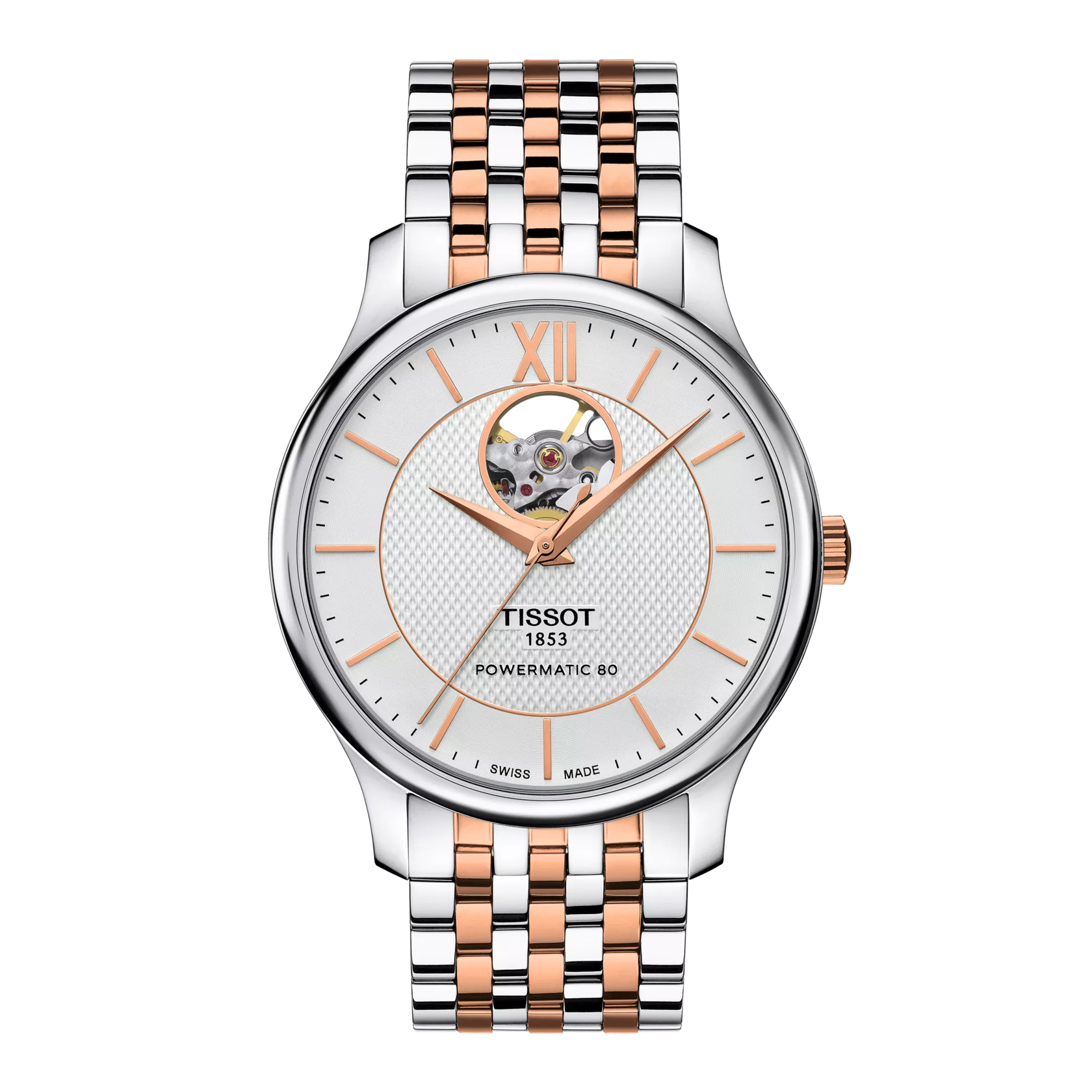 Front view of the watch Tissot Tradition Powermatic 80 Open Heart
