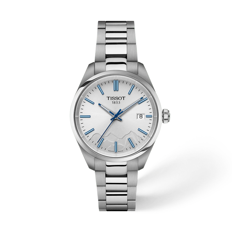 Vue de face de la montre Tissot PR 100 Jungfraubahn 34mm avec ombre