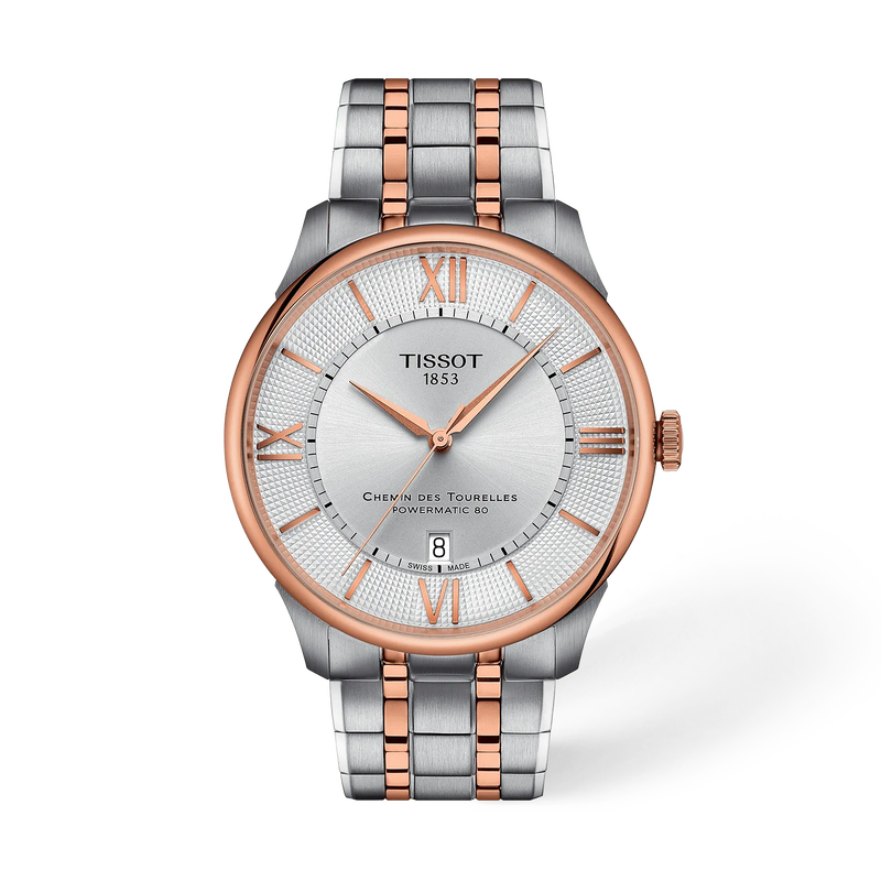 Front view of the watch Tissot Chemin Des Tourelles 42mm with shadow