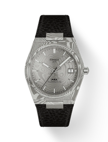Front view of the watch Tissot PRX Acier Damas 38mm with shadow