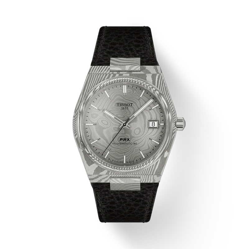 Front view of the watch Tissot PRX Damascus Steel 38mm with shadow