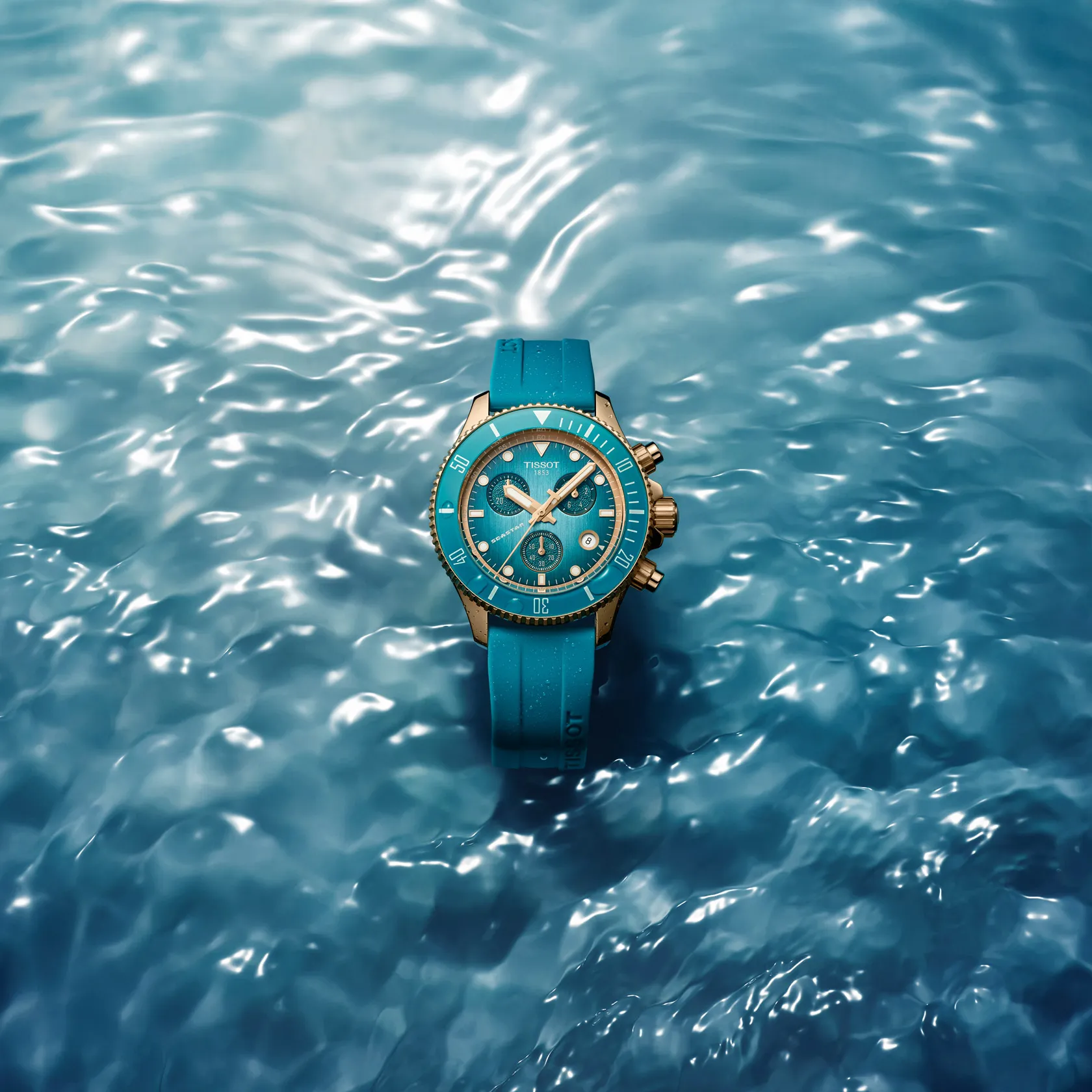 Tissot Seastar 1000 Quartz Chronograph 38mm watch on a coloured background