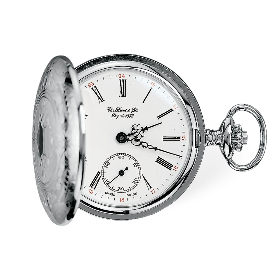 Front view of the watch Tissot Savonnette 49.55mm with shadow