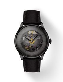 Front view of the watch Tissot Chemin Des Tourelles Skeleton 39mm with shadow