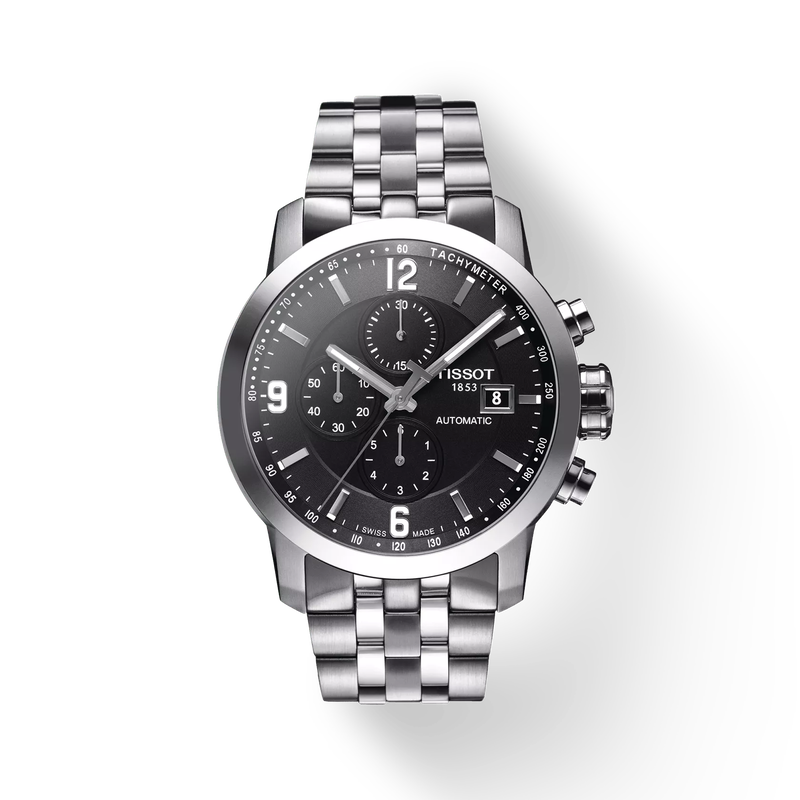 Front view of the watch Tissot PRC 200 Automatic Chronograph with shadow