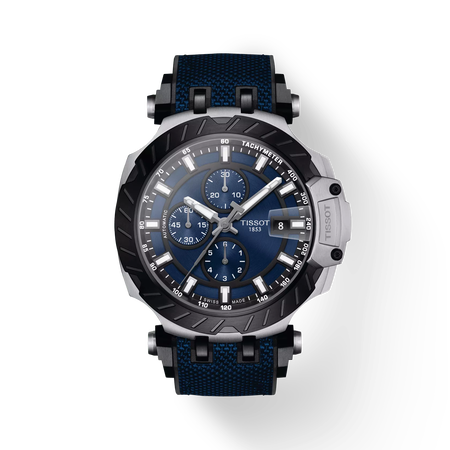Vue de face de la montre Tissot T-Race Automatic Chronograph avec ombre