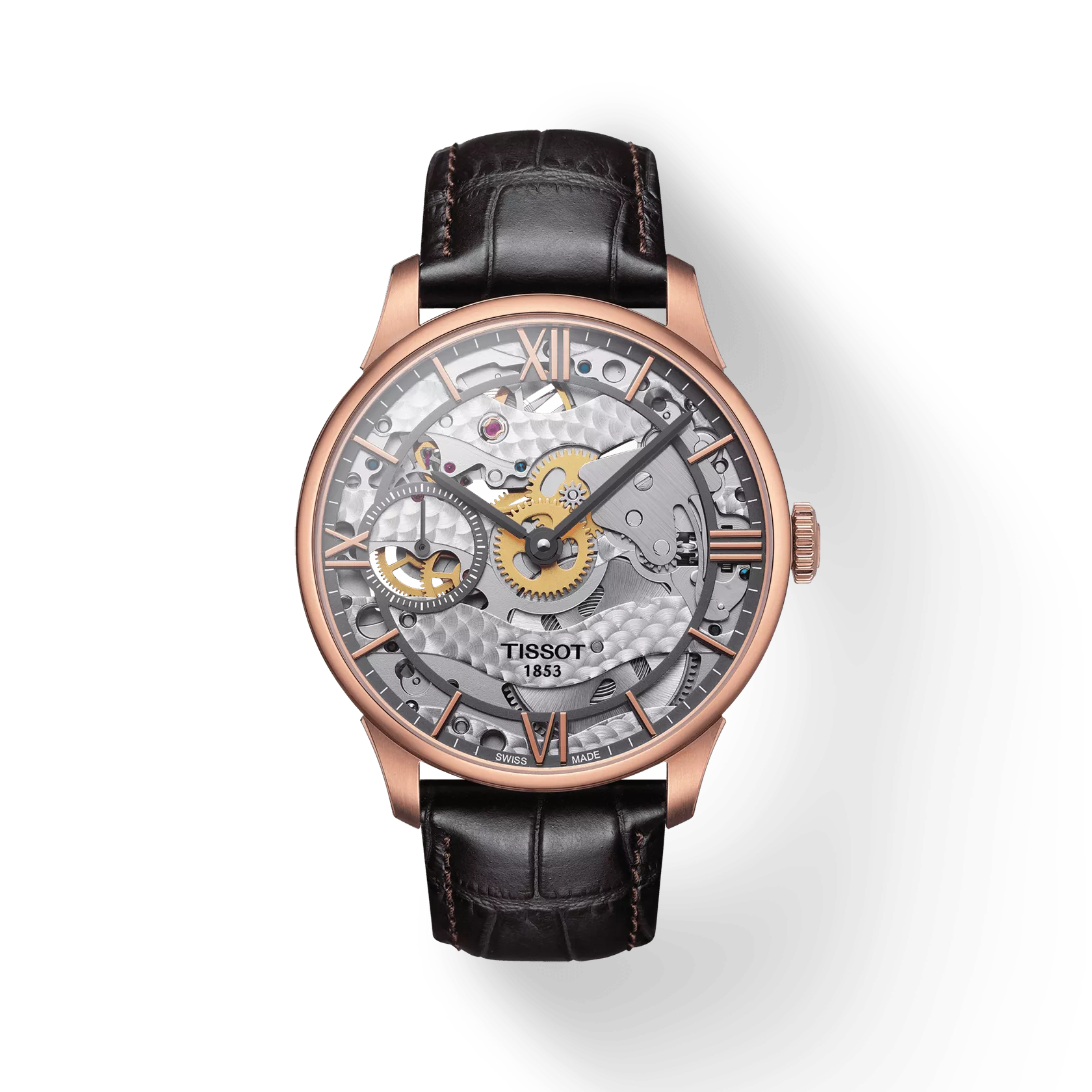 Front view of the watch Tissot Chemin des Tourelles Squelette Mechanical with shadow