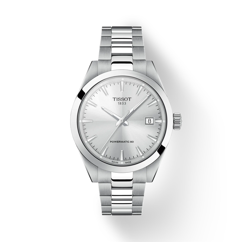 Vue de face de la montre Tissot Gentleman 38mm avec ombre