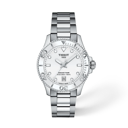Front view of the watch Tissot Seastar 1000 36mm with shadow