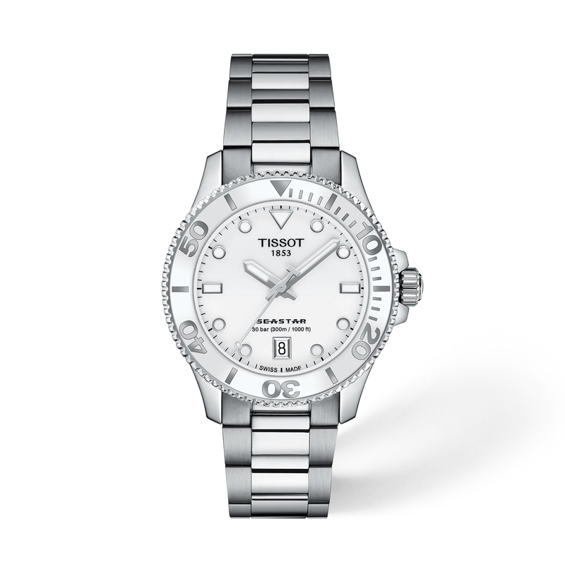 Front view of the watch Tissot Seastar 1000 36mm with shadow