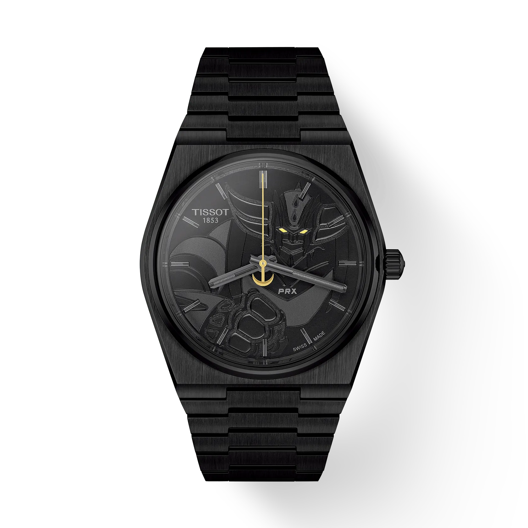 Front view of the watch Tissot PRX UFO Robot Grendizer 50th Anniversary 40mm with shadow