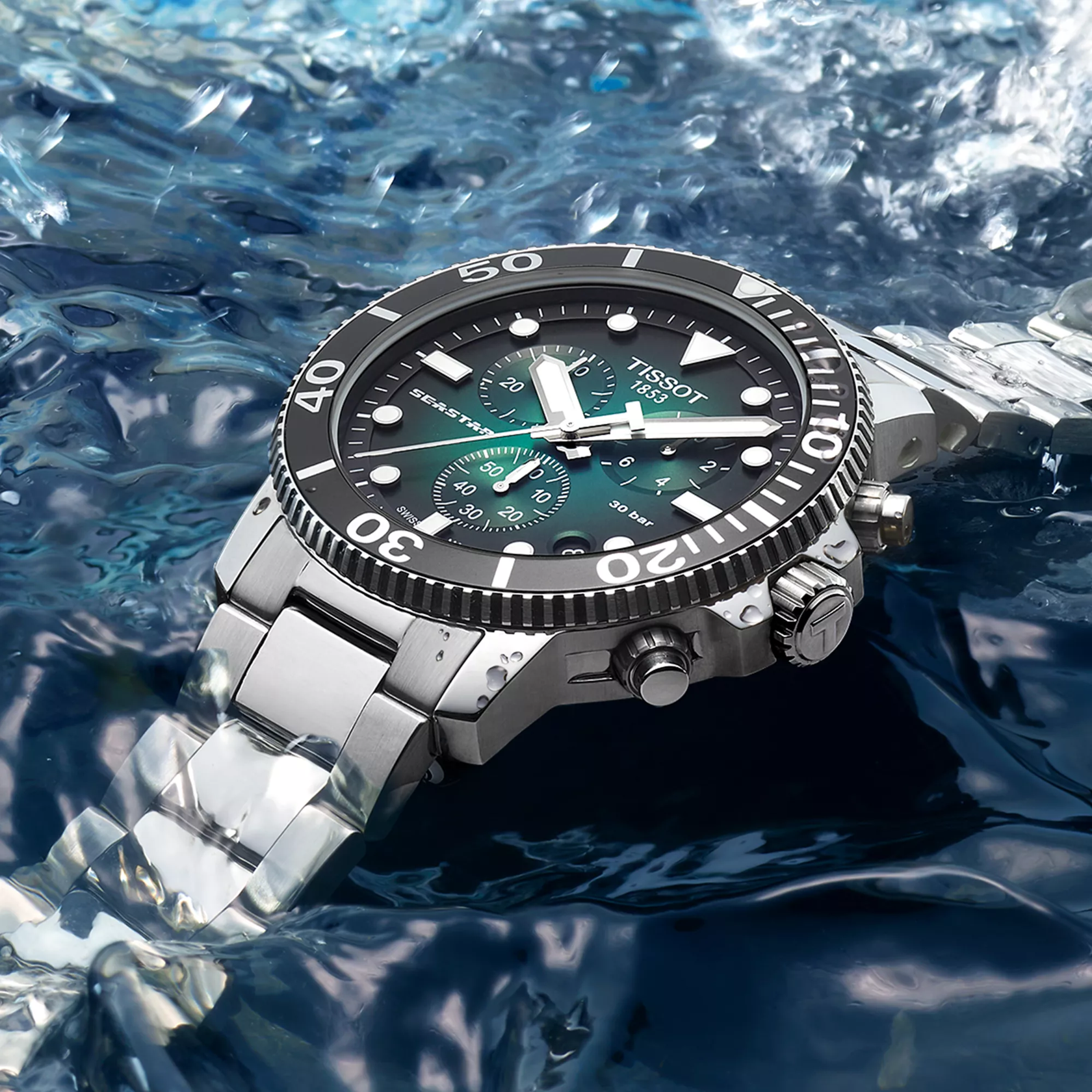 Tissot Seastar 1000 45.5mm watch on a colored background