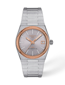 Vista frontal del reloj Tissot PRX Gold 35mm con sombra