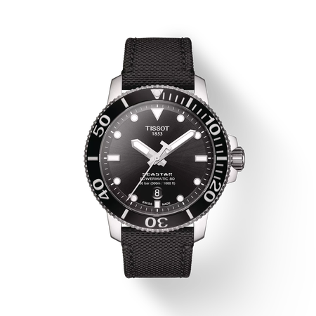 Vue de face de la montre Tissot Seastar 1000 Powermatic 80 avec ombre