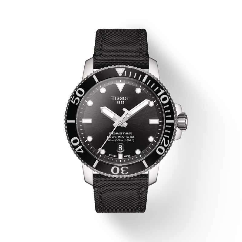 Vue de face de la montre Tissot Seastar 1000 Powermatic 80 avec ombre