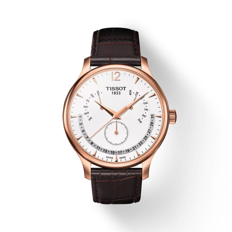 Front view of the watch Tissot Tradition Perpetual Calendar with shadow