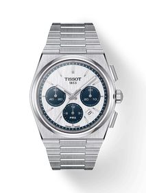 그림자가 있는 티쏘 PRX 오토매틱 크로노그래프 시계의 전면 보기