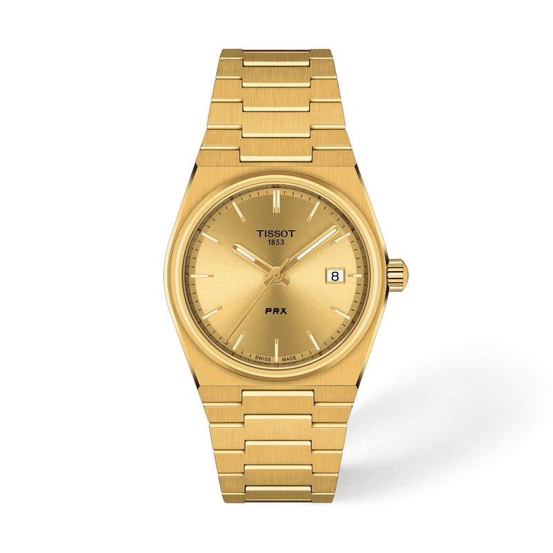 Vue de face de la montre Tissot PRX 35mm avec ombre