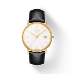 Front view of the watch Tissot Goldrun Gold 38mm with shadow