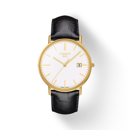 Front view of the watch Tissot Goldrun Gold 38mm with shadow