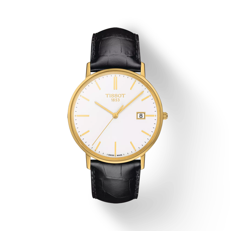 Front view of the watch Tissot Goldrun Gold 38mm with shadow