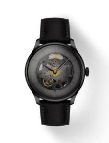 Front view of the watch Tissot Chemin Des Tourelles Skeleton 39mm with shadow