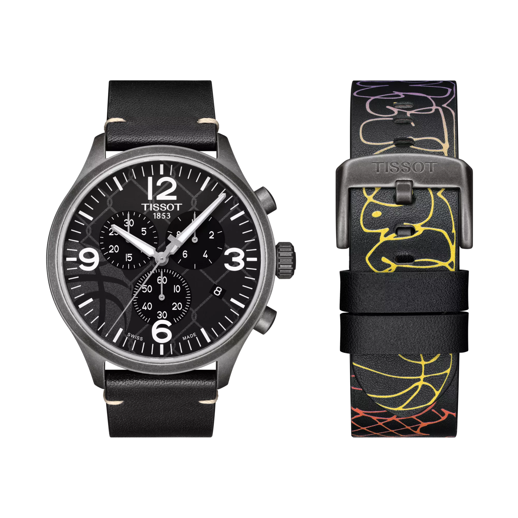 Front view of the watch Tissot Chrono XL 3x3 Street Basketball with additional bracelet