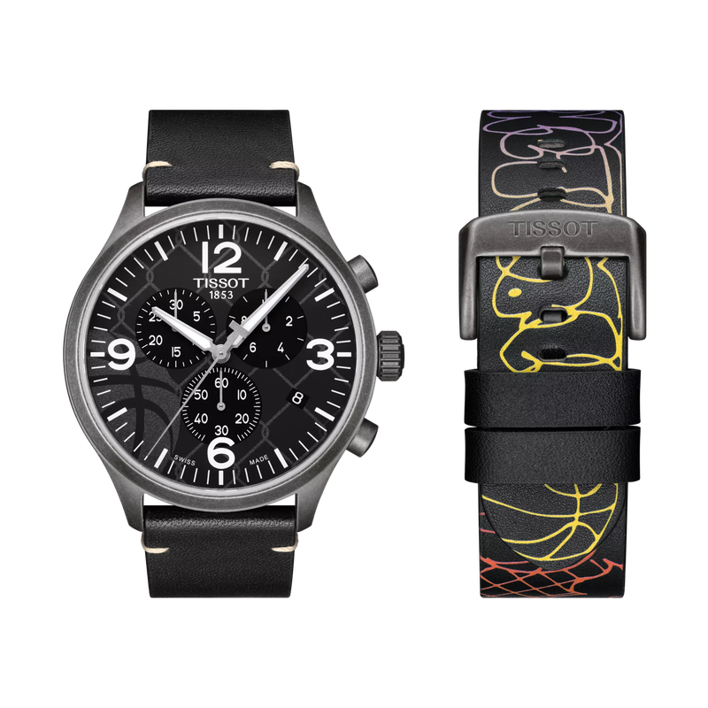 Front view of the watch Tissot Chrono XL 3x3 Street Basketball with additional bracelet