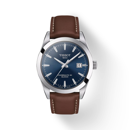 Front view of the watch Tissot Gentleman Powermatic 80 Silicium with shadow