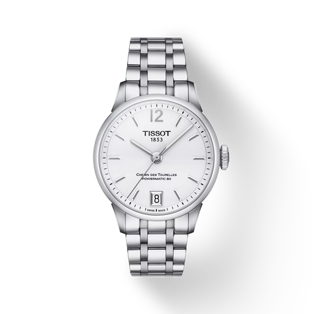 Front view of the watch Tissot Chemin des Tourelles Powermatic 80 Lady with shadow