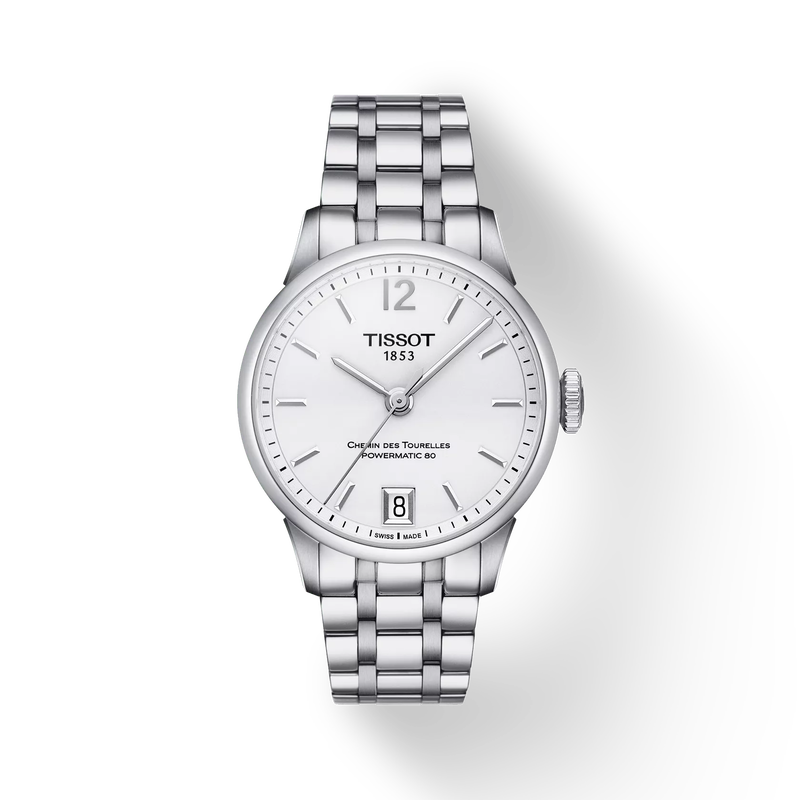 Front view of the watch Tissot Chemin des Tourelles Powermatic 80 Lady with shadow