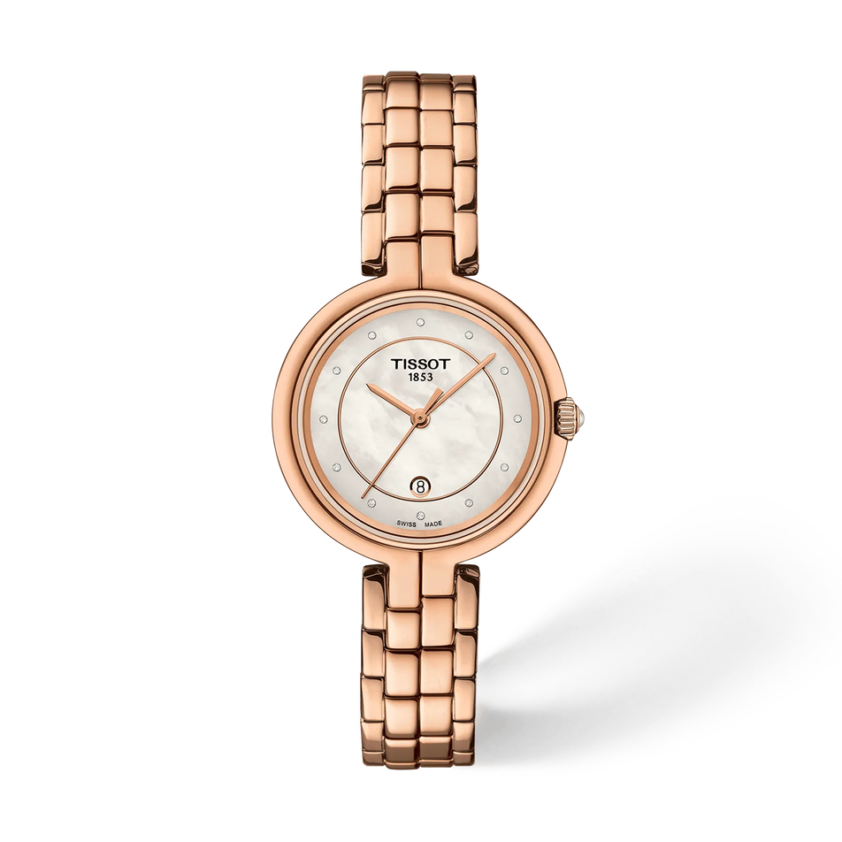 Front view of the watch Tissot Flamingo 30mm with shadow