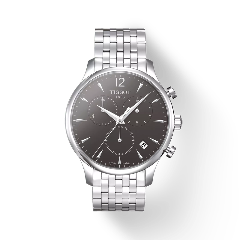 Front view of the watch Tissot Tradition Chronograph with shadow