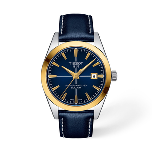 Vooraanzicht van het horloge Tissot Gentleman Gold Bezel 40mm met schaduw