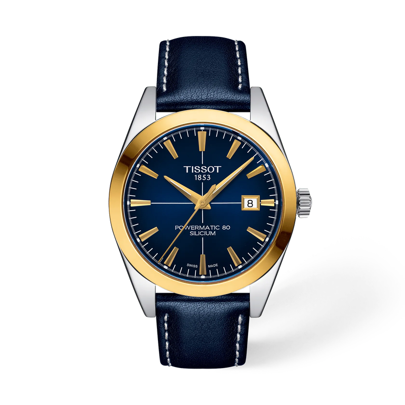 Vue de face de la montre Tissot Gentleman Gold Bezel 40mm avec ombre
