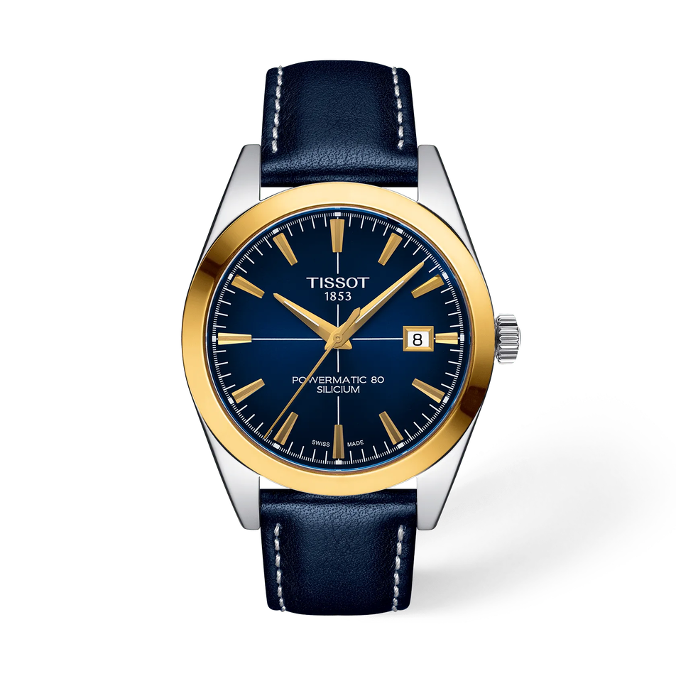 Front view of the watch Tissot Gentleman Gold Bezel 40mm with shadow