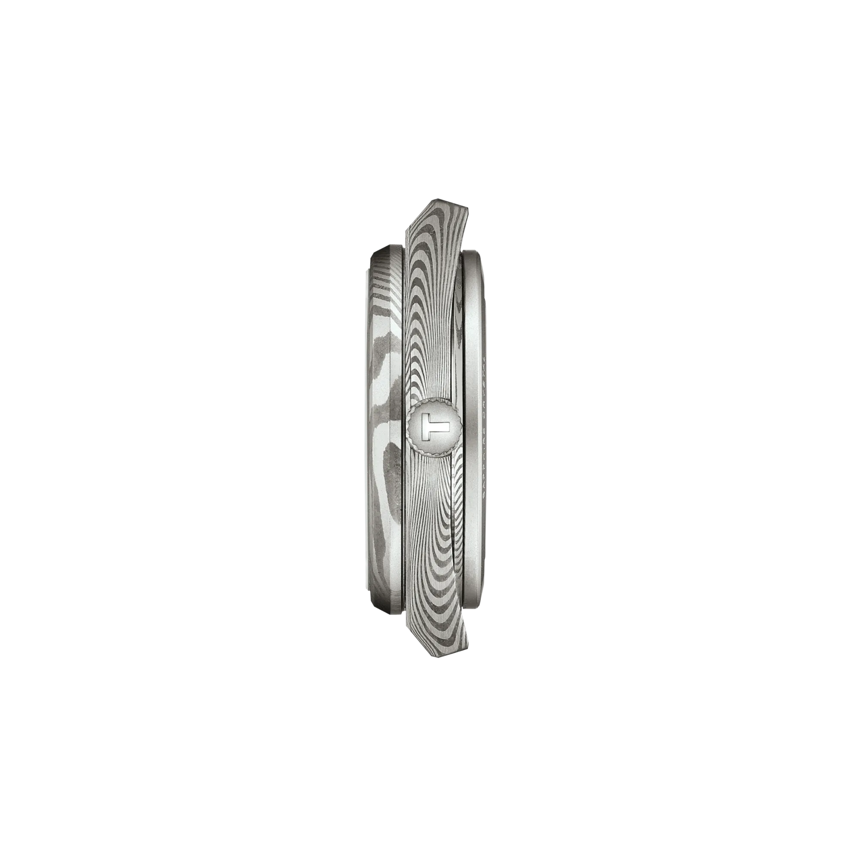 Profile view of the watch case Tissot PRX Damascus Steel 38mm