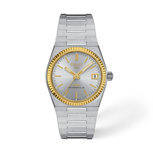 Vista frontal del reloj Tissot PRX Gold 35mm con sombra