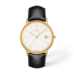Front view of the watch Tissot Goldrun Gold 38mm with shadow